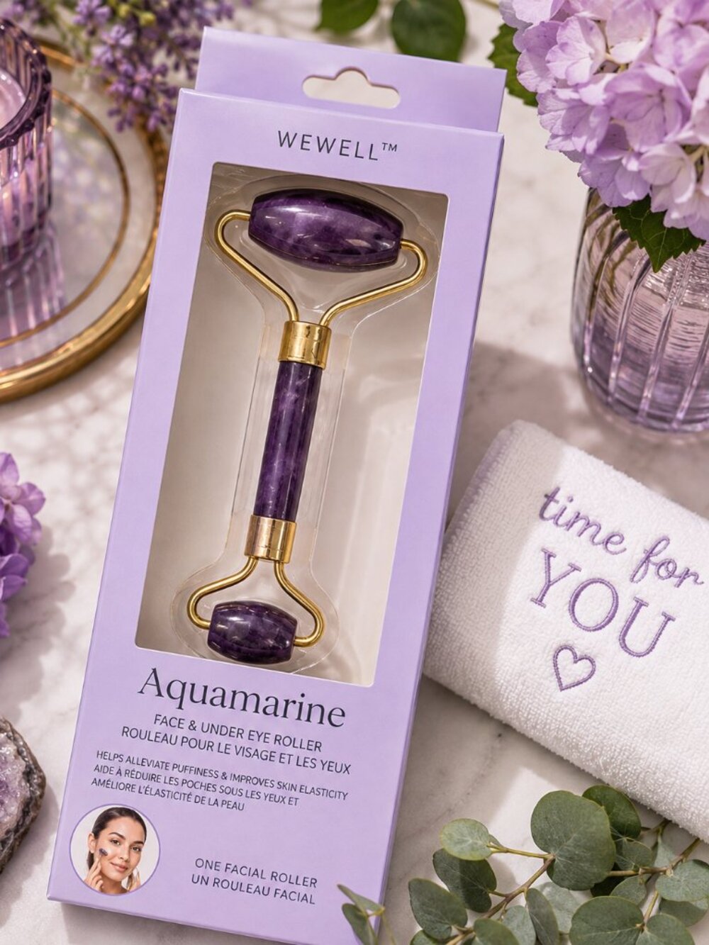 ❤️5/$25 WEWELL Aquamarine Purple Face Under Eye Roller Skincare NWT